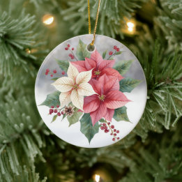 Moderne Kerstmis Poinsettia Roze en Wit Keramisch Ornament