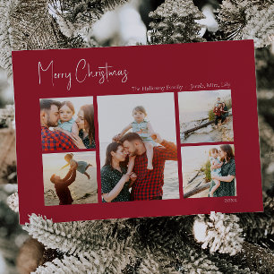 Moderne Kerstmis Red Five-Photo Holiday Kaart