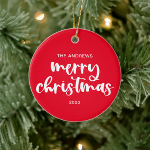 Moderne Kerstmis Rood Wit Script Achter Foto Keramisch Ornament