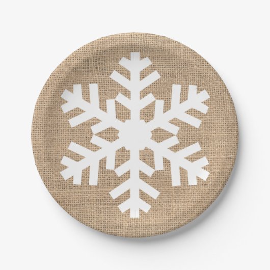 Moderne kerstmis Snowflake Rustic Burlap Papieren Bordje (Voorkant)