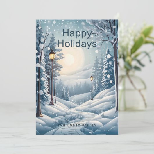 Moderne Kerstmis Winter Sneeuwval Forest Pine Tree Feestdagenkaart (Staand voorkant)