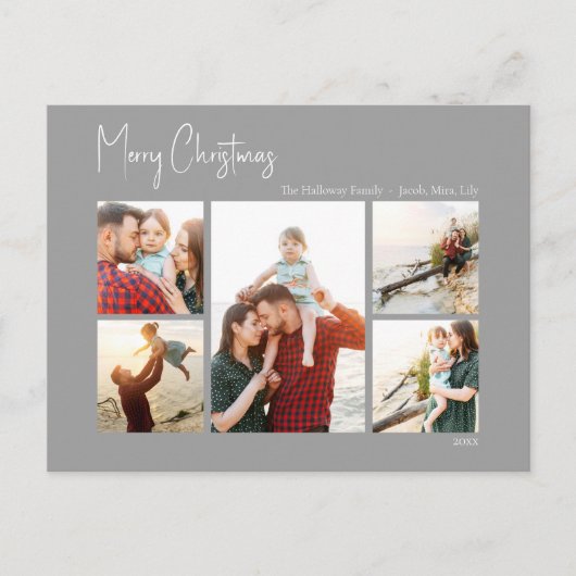 Moderne Kerstmis | Zilver Script Five-Photo Feestdagenkaart (Voorkant)