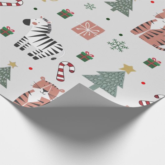 Moderne Kerstsafari Dieren Tijgerleeuw Zebra Cadeaupapier (Hoek)