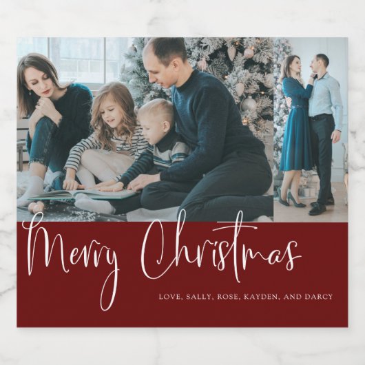 Moderne kerstscript 2 Foto Collage Red Sparkling Wijnetiket (Enkel label)