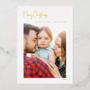 Moderne kerstscript - Verticaal Single Photo Gold Folie Feestdagenkaart