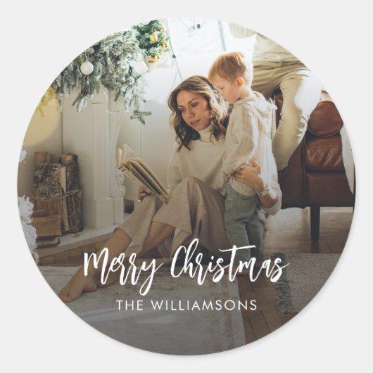 Moderne kerstvakantie foto-script ronde sticker (Voorkant)
