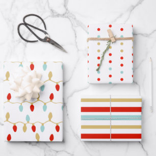 Moderne kerstverlichting Polka Dots & Stripes Inpakpapier Vel