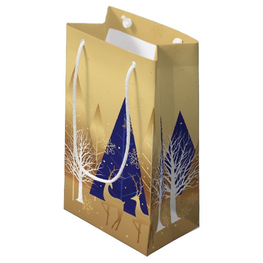 Moderne kerstwinter deer scene Gold Blue Klein Cadeauzakje (Voorkant Gekanteld)