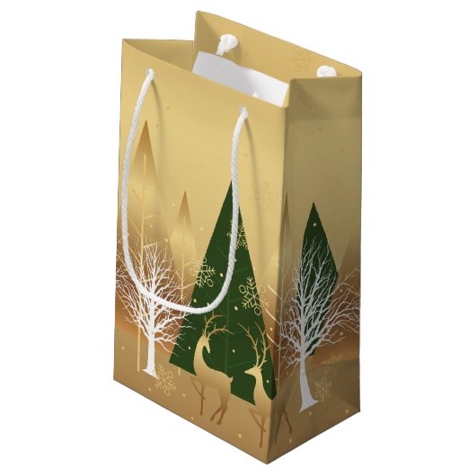 Moderne kerstwinter Deer Scene Gold Green Klein Cadeauzakje (Achterkant Gekanteld)