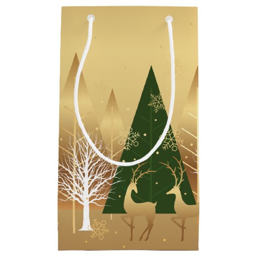 Moderne kerstwinter Deer Scene Gold Green Klein Cadeauzakje (Voorkant)