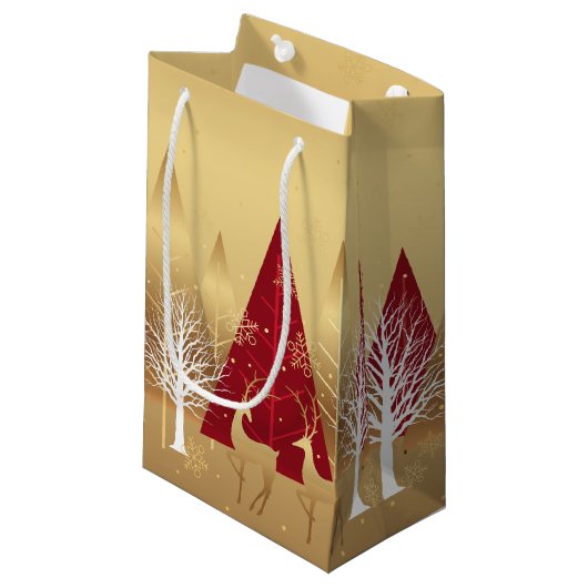 Moderne kerstwinter Deer Scene Gold Red Klein Cadeauzakje (Voorkant Gekanteld)
