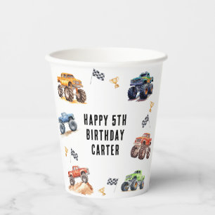 Moderne Kids Monster Trucks Verjaardagsfeestje Papieren Bekers