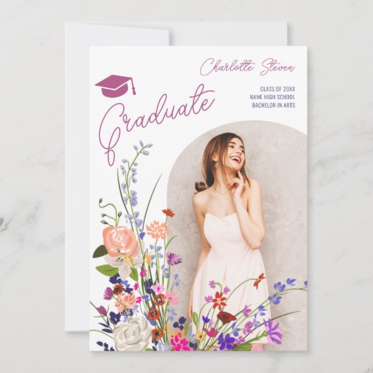 Moderne kische wilde bloemen afstuderen met script aankondiging (Voorkant)