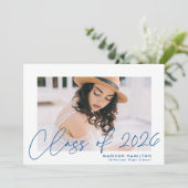 Moderne Klasse van 2025 Blue Script Photo Afstuder Aankondiging (Staand voorkant)