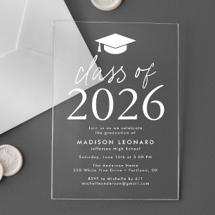 Moderne Klasse van 2025 White Graduation Party Acryl Uitnodigingen