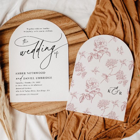 Moderne klassieke blush boog bruiloft uitnodiging