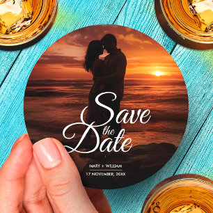 Moderne klassieke foto Elegante bruiloft Save The  Ronde Kartonnen Onderzetter