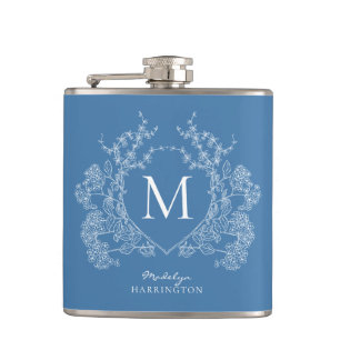 Moderne klassieke Franse blauwe bloemkuip monogram Heupfles