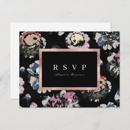 Moderne klassieke zwarte abstracte bloemenbruiloft uitnodiging briefkaart (Voorkant / Achterkant)