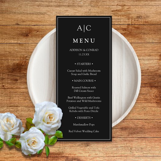 Moderne Klassieke Zwarte Monogram Huwelijk Flat Me Menu