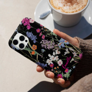 Moderne Kleur Botanische Bloemen Patroon Zwart Cus iPhone 16 Pro Hoesje