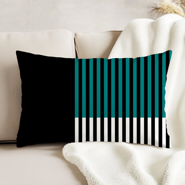Moderne kleurenblok Striped Blauwgroen Black White Accent Kussen (Creator heeft geüpload)