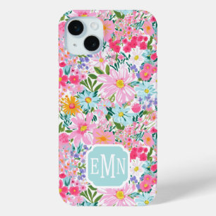 Moderne Kleurrijke Bloementuin Monogram iPhone 15 Mini Hoesje