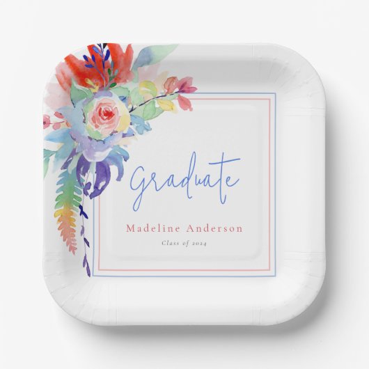 Moderne kleurrijke Floral Graduation Party Papieren Bordje (Voorkant)
