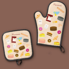 Moderne kleurrijke gebakken goederen en bakgerei ovenwant & pannenlap set