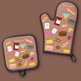 Moderne kleurrijke gebakken goederen en bakgerei v ovenwant & pannenlap set