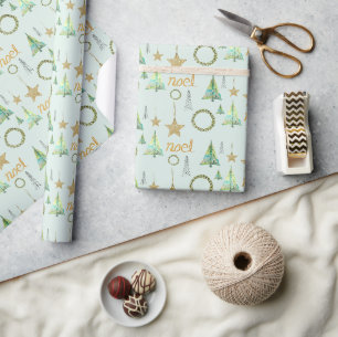 Moderne Kleurrijke Gouden Pijnboom Aquarel Patroon Cadeaupapier