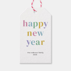 Moderne kleurrijke Happy New Year typografie Cadeaulabel