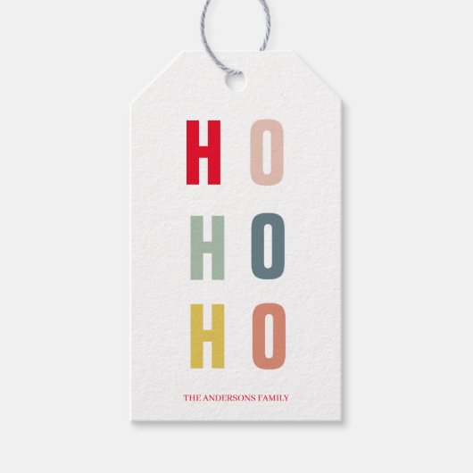 Moderne, kleurrijke Ho Ho-Feestdagen Cadeaulabel (Voorkant)