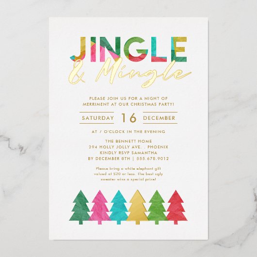 Moderne Kleurrijke Jingle en Mingle Kerstfeest Folie Uitnodiging (Voorkant)