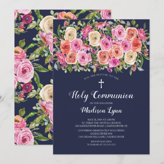 Moderne kleurrijke roze Floral eerste Heilige Comm Kaart (Voorkant / Achterkant)