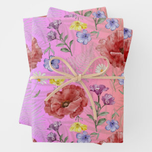Moderne Kleurrijke Roze Rode Wilde Bloem Patroon Inpakpapier Vel