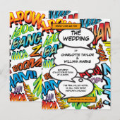 Moderne kleurrijke Typografische Fun Comic Wedding Uitnodiging Briefkaart (Voorkant / Achterkant)