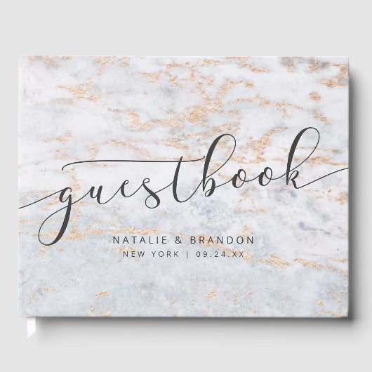 Moderne knikkers in blauw met koperen herfst bruil gastenboek (Voorkant)