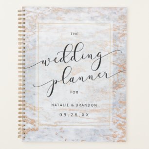 Moderne knikkers in blauw met koperen trouwplannen planner