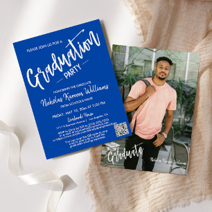 Moderne Kobalt Blauw QR Code Foto Graduation Party Kaart