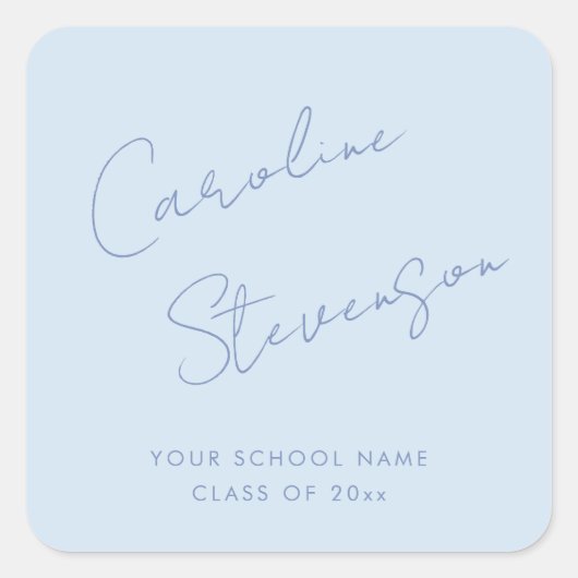 Moderne Koelblauwe Script Gepersonaliseerde Afstud Vierkante Sticker (Voorkant)