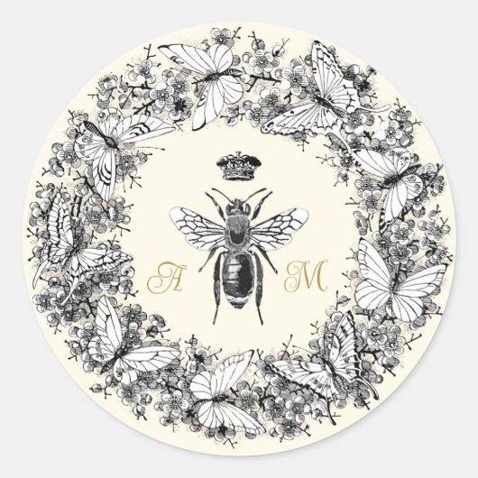 Moderne  koningin bijenvlinder krans monogram ronde sticker (Voorkant)