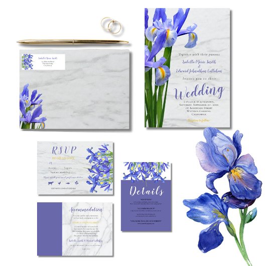 Moderne koninklijk blauw Irises Floral White Stipp Kaart