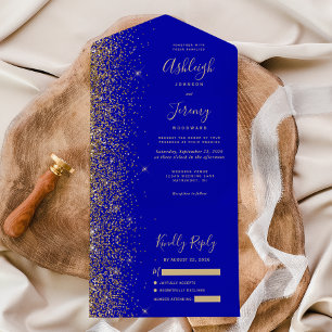 Moderne Koninklijk Blauwe Gouden Glitter Bruiloft All In One Uitnodiging