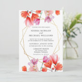Moderne koraal - gouden geometrische bruiloft kaart (Staand voorkant)