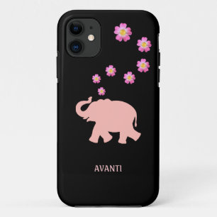 Moderne koraal olifant en roze bloemen op zwart iPhone 11 hoesje
