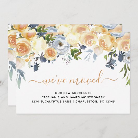 Moderne koraal peach Blue Waterverf Floral Moving Aankondiging (Voorkant / Achterkant)