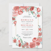 Moderne koraal roze rozen bloemenbruiloft kaart (Voorkant)