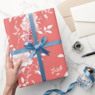 Moderne Koraal Roze Witte Bloem Motief Cadeaupapier