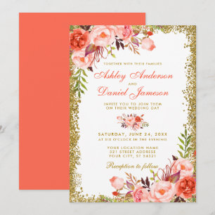 Moderne koraalbloem Glitter Wedding Kaart